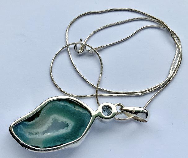 sterling silver agate and quartz geode and blue topaz necklace